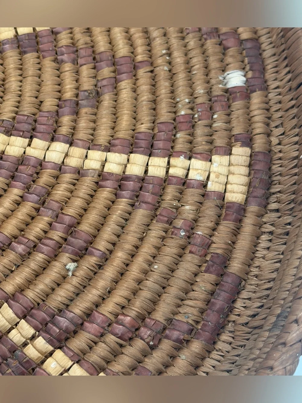 Vintage Hand Coiled Woven Basket Tray With Handles Geometric Boho Decor Brown